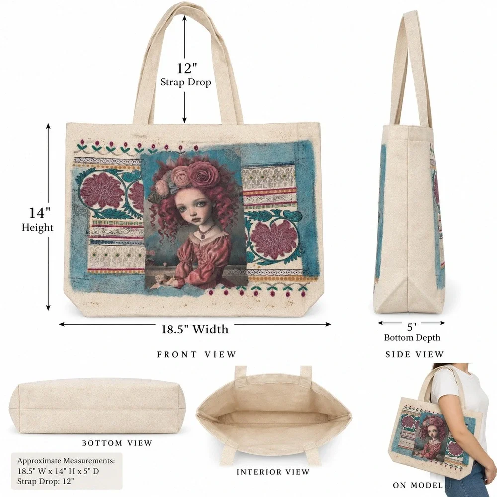 Decoupage Canvas Tote Bag Pink Hair Girl Floral Rose Portrait Boho Art